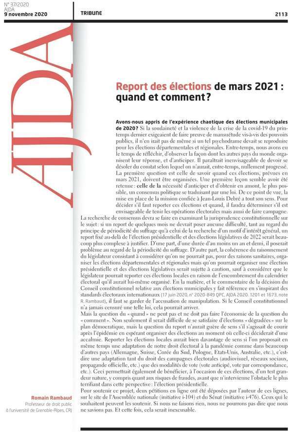Report des élections départementales et régionales de mars 2021 :